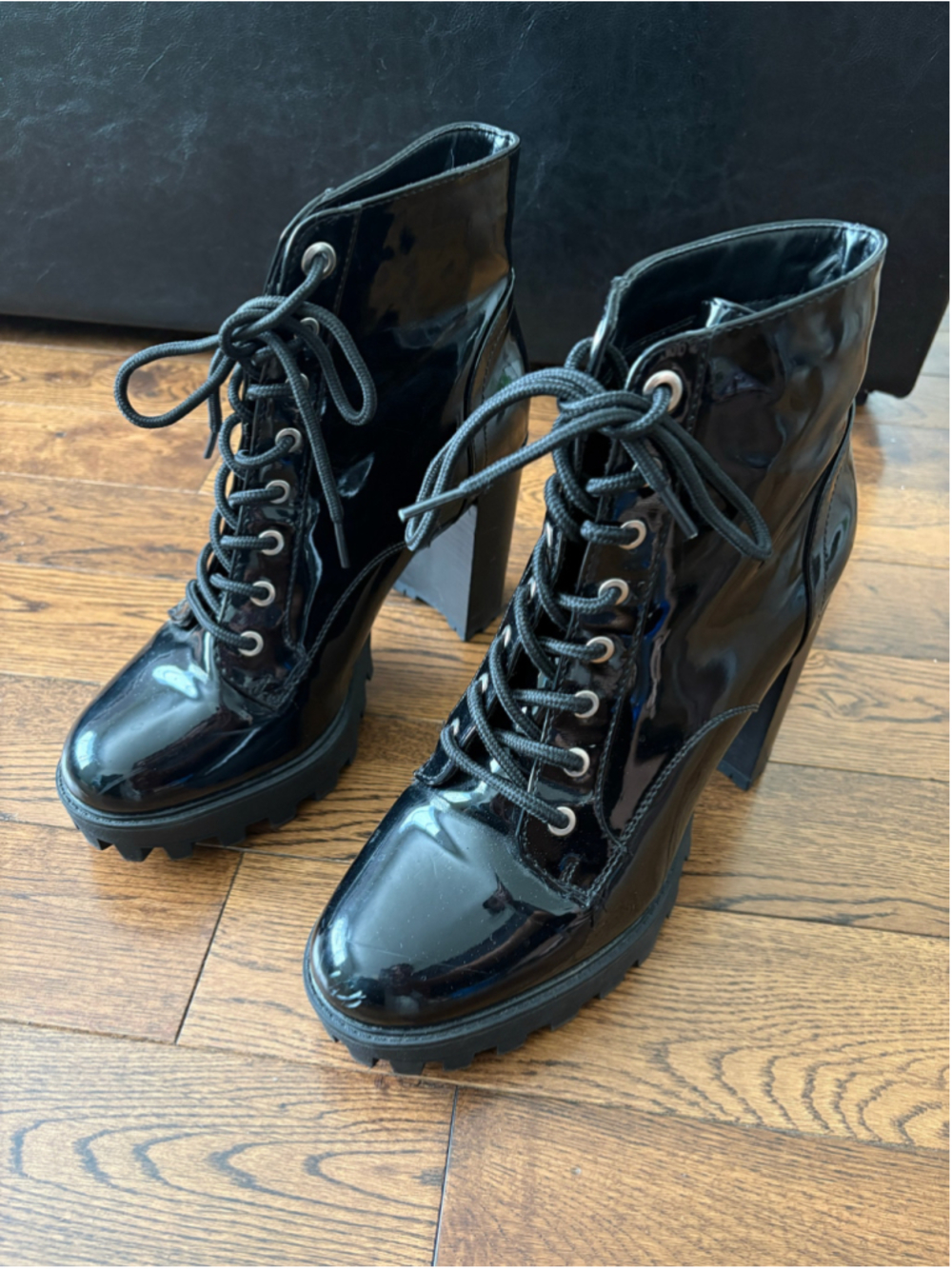 Bamboo Black Patent Lace-Up Heeled Boots Size 10 - Picture 2 of 7